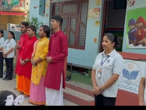 स्वस्तिवाचनबाट एसेम्ली सुरु गर्दै लिङ्कन मन्टेश्वरीको संस्कारयुक्त शिक्षा अभ्यास